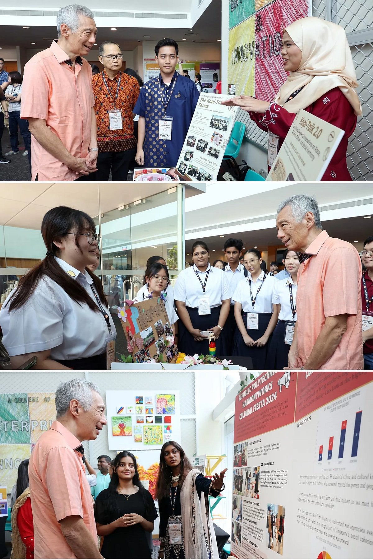 Singapore SM Lee Hsien Loong visits advocacy booths, showcasing student initiatives and activities to raise awareness of racial and religious issues. The booths are part of the HarmonyWorks! Conference 2024. Photo courtesy: Facebook Lee Hsien Loong
